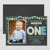 Boy First Birthday Chalkboard Invitation Kaart (Voorkant / Achterkant)