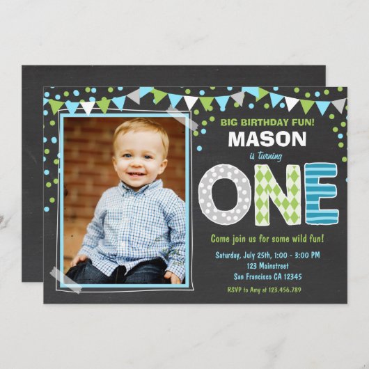 Boy First Birthday Chalkboard Invitation Kaart (Voorkant / Achterkant)