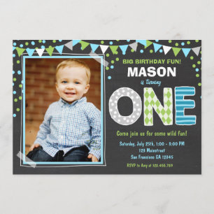 Boy First Birthday Chalkboard Invitation Kaart