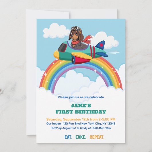 Boy First Birthday Dog Pilot Airplane Clouds Cute Kaart (Voorkant)