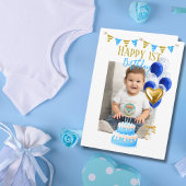 Boy First Birthday Foto Blauw Gouden Ballon Schatt Kaart
