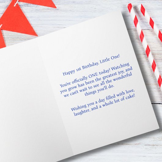 Boy First Birthday Foto Blauw Gouden Ballon Schatt Kaart