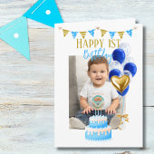 Boy First Birthday Foto Blauw Gouden Ballon Schatt Kaart