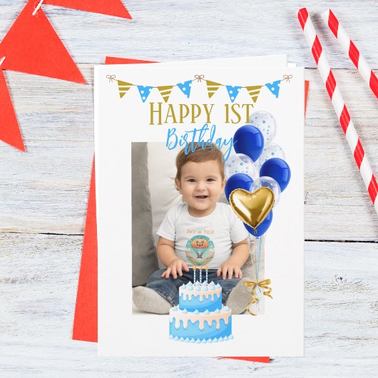 Boy First Birthday Foto Blauw Gouden Ballon Schatt Kaart