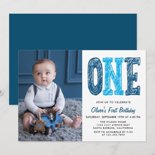 Boy First Birthday Fotouitnodiging Kaart (Voorkant / Achterkant)
