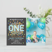 Boy First Birthday Invitation Confetti ONE blauw Kaart (Staand voorkant)