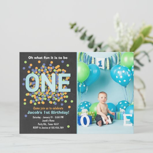 Boy First Birthday Invitation Confetti ONE blauw Kaart (Staand voorkant)