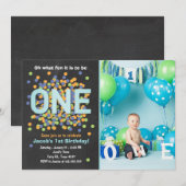 Boy First Birthday Invitation Confetti ONE blauw Kaart (Voorkant / Achterkant)