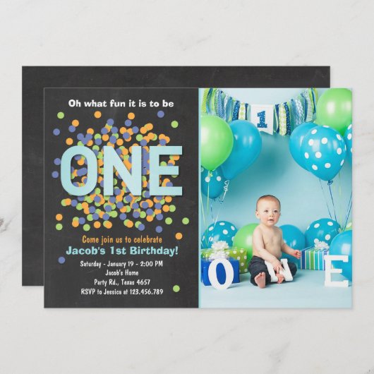Boy First Birthday Invitation Confetti ONE blauw Kaart (Voorkant / Achterkant)