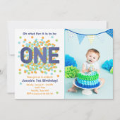 Boy First Birthday Invitation Confetti ONE blauw Kaart (Voorkant)