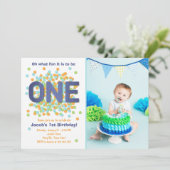 Boy First Birthday Invitation Confetti ONE blauw Kaart (Staand voorkant)