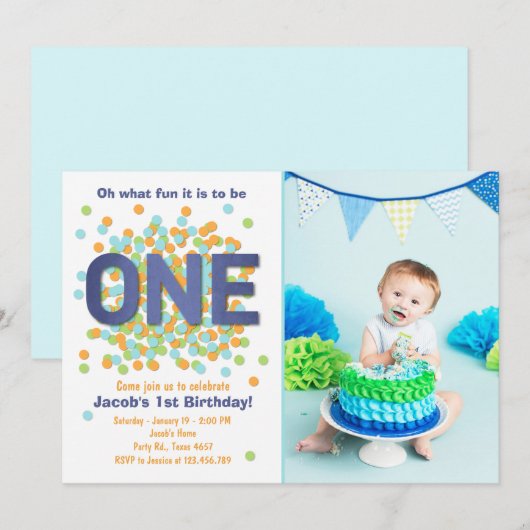 Boy First Birthday Invitation Confetti ONE blauw Kaart (Voorkant / Achterkant)