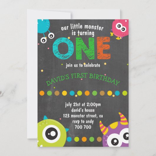 Boy First Birthday Krijtbord Monsters Schattige Kaart (Voorkant)