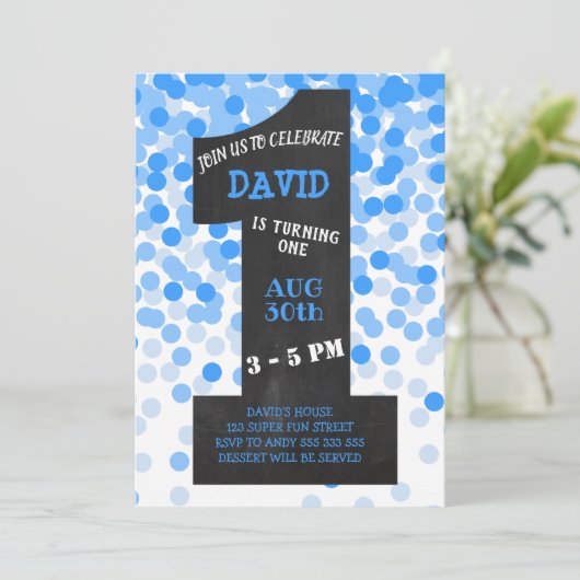 Boy First Birthday Modern Krijtbord Blauw Confetti Kaart (Staand voorkant)