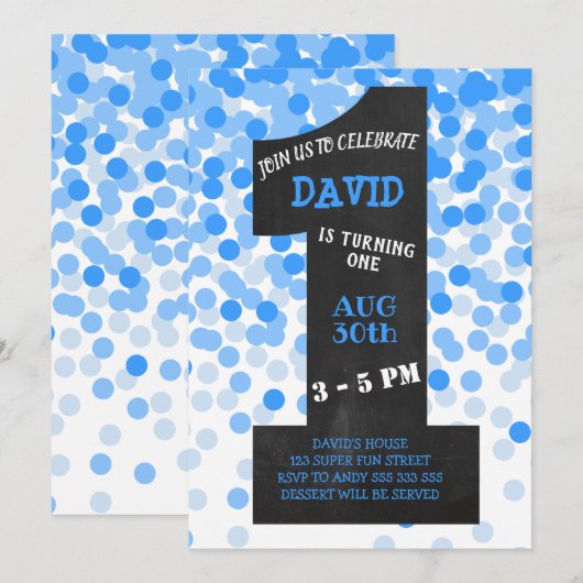 Boy First Birthday Modern Krijtbord Blauw Confetti Kaart (Voorkant / Achterkant)