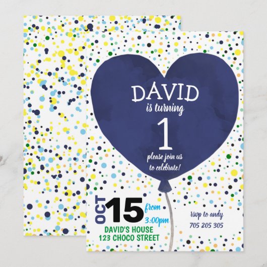 Boy First Birthday Navy hartballon Confetti Kaart (Voorkant / Achterkant)