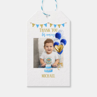 Boy First Birthday Photo Blue Gold Balloon Cute Cadeaulabel