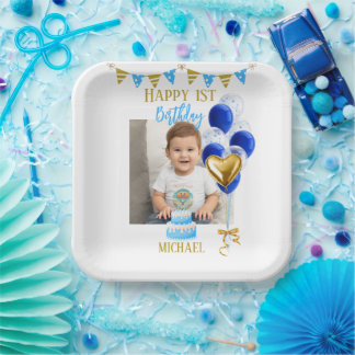 Boy First Birthday Photo Blue Gold Balloon Cute Papieren Bordje