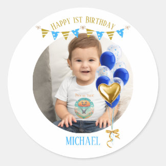 Boy First Birthday Photo Blue Gold Balloon Cute Ronde Sticker