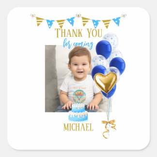 Boy First Birthday Photo Blue Gold Balloon Cute Vierkante Sticker