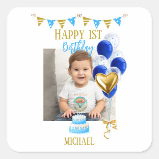 Boy First Birthday Photo Blue Gold Balloon Cute Vierkante Sticker