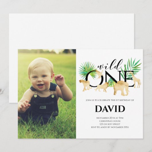 Boy First Birthday Photo Wild One Gold Oerwoud Kaart (Voorkant / Achterkant)
