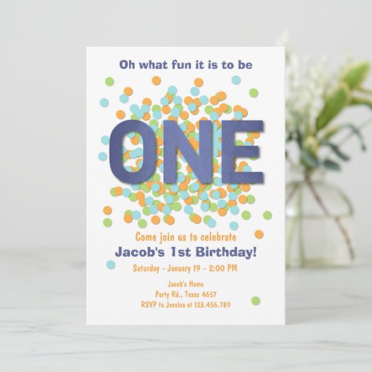 Boy First Birthday Uitnodiging Confetti ONE blue (Staand voorkant)