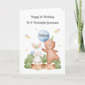 Boy First Birthday Woodland Rabbit Bear Card Kaart (Voorkant)