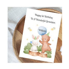 Boy First Birthday Woodland Rabbit Bear Card Kaart