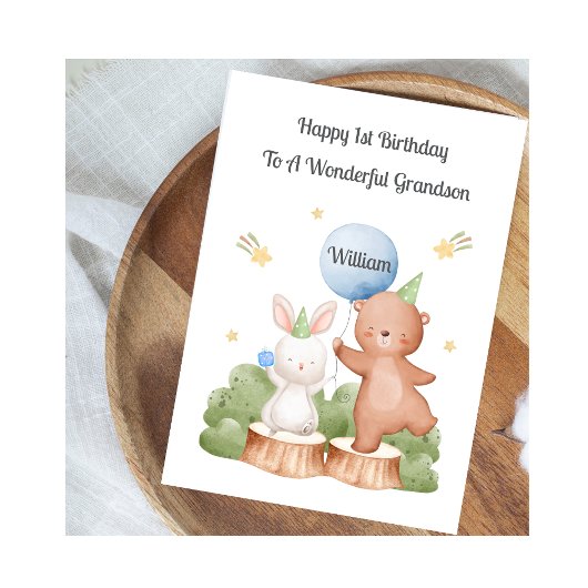 Boy First Birthday Woodland Rabbit Bear Card Kaart
