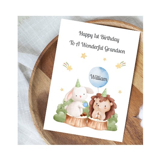Boy First Birthday Woodland Rabbit Hedgehog Card Kaart