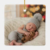 Boy First Christmas Birth Stats Woodland Photo Keramisch Ornament (Achterkant)