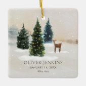 Boy First Christmas Birth Stats Woodland Photo Keramisch Ornament (Voorkant)