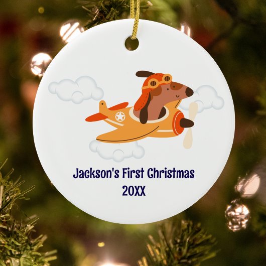 Boy First Christmas Dog Pilot Airplane Cloud Funny Keramisch Ornament