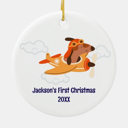 Boy First Christmas Dog Pilot Airplane Cloud Funny Keramisch Ornament (Achterkant)