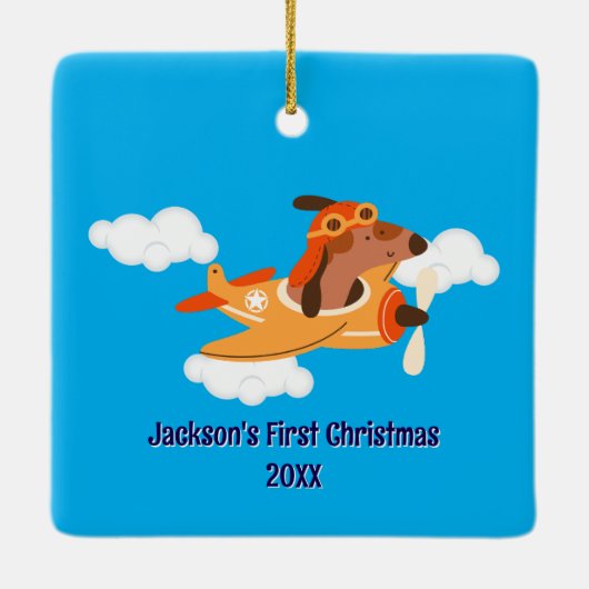 Boy First Christmas Dog Pilot Airplane Cloud Funny Keramisch Ornament (Achterkant)
