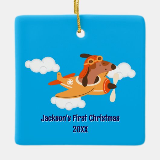 Boy First Christmas Dog Pilot Airplane Cloud Funny Keramisch Ornament (Voorkant)