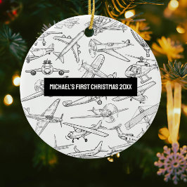 Boy First Christmas Hand Drawn Airplanes Aviation  Keramisch Ornament