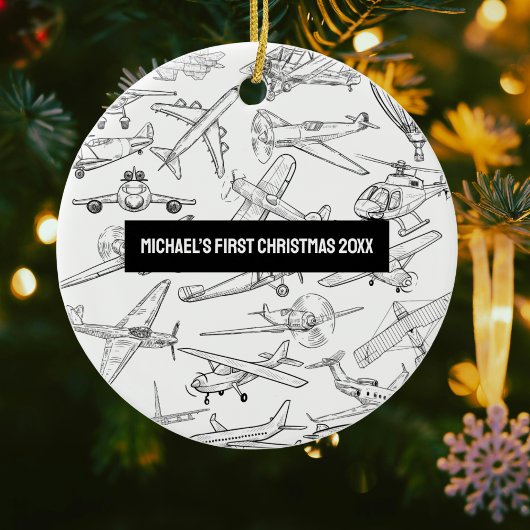 Boy First Christmas Hand Drawn Airplanes Aviation  Keramisch Ornament