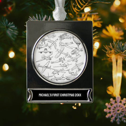 Boy First Christmas Hand Drawn Airplanes Aviation Verzilverd Banner Ornament