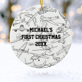 Boy First Christmas Hand Drawn Airplanes Photo  Keramisch Ornament