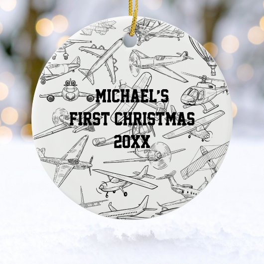 Boy First Christmas Hand Drawn Airplanes Photo Keramisch Ornament