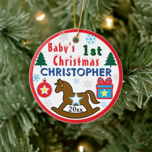 Boy First Christmas PHOTO Rocking Horse  Keramisch Ornament (Boom)
