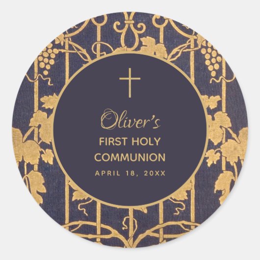Boy First Communion Blauw Goud  Druivenranken Ronde Sticker (Voorkant)