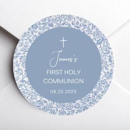 Boy First Communion Blue and White Floral Pattern  Ronde Sticker