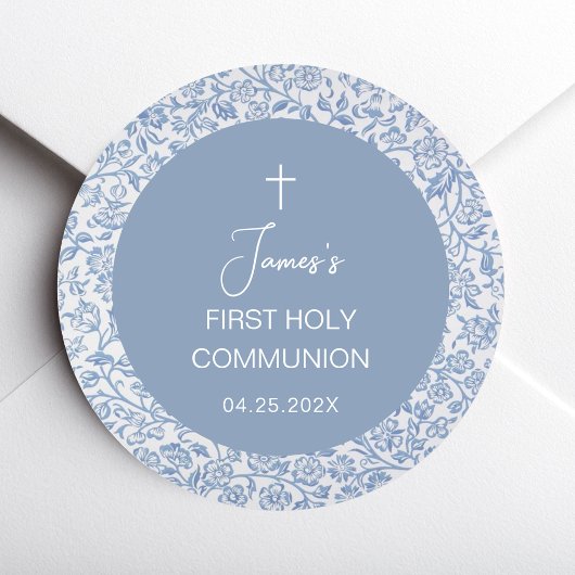 Boy First Communion Blue and White Floral Pattern  Ronde Sticker