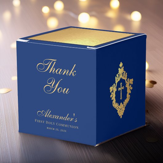 Boy First Communion Blue Faux Gold Crest Thank You Bedankdoosjes