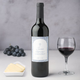 Boy First Communion Blue White Floral Pattern Arch Wijn Etiket