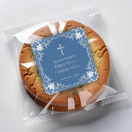 Boy First Communion Classic Blauw Zilver Vintage Vierkante Sticker
