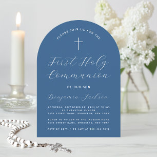 Boy First Communion Classic Blue Arch Cross Script Kaart
